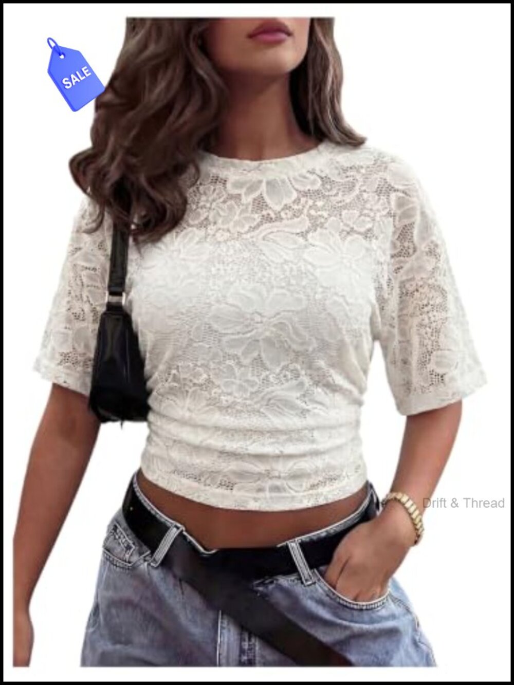 Women's Sheer Mesh Y2K Top Cinched Waist Lace Short Sleeve